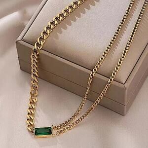 Gold Emerald Pendant Necklace, Chain Link Design, Perfect Special Occasions
